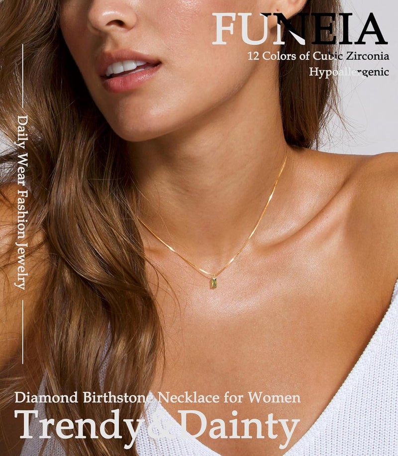 FUNEIA Diamond Necklaces for Women 14K Gold Plated Emerald Birthstone Necklace for Women Mothers Dainty Gold Necklace Blue Green Cubic Zirconia Pendant Necklace Birthday Gifts for Women Jewelry - Image 2